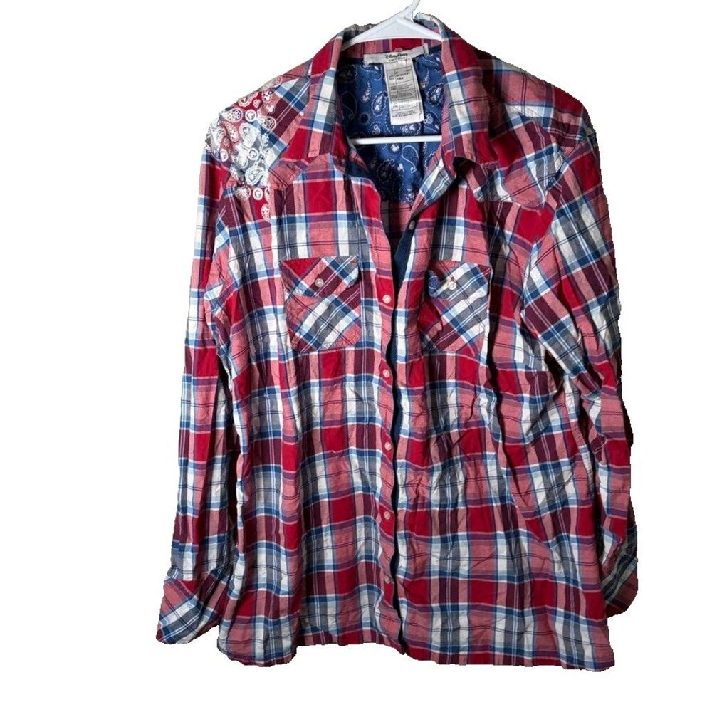 Disney Parks Plaid Shirt Women's 2XL Red Blue Button Up Long Sleeve Top